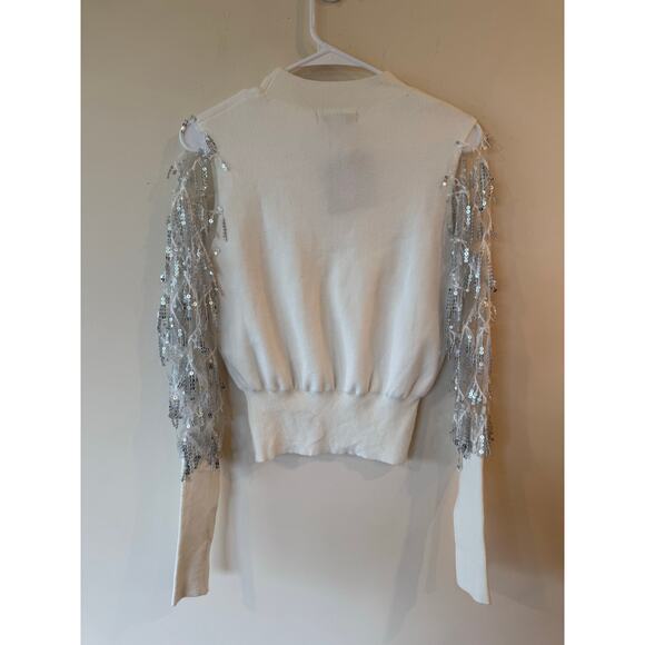 Hyfve Sweater Womens L Ivory Holiday Party Knit Sequin Fringe Sleeve Mock Neck - Picture 2 of 11